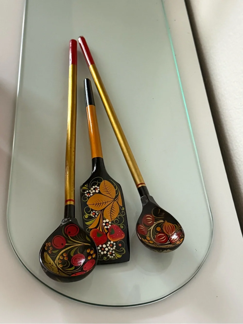 Decorative Black & Gold Hand-Painted Serving Spoons with Red Accents